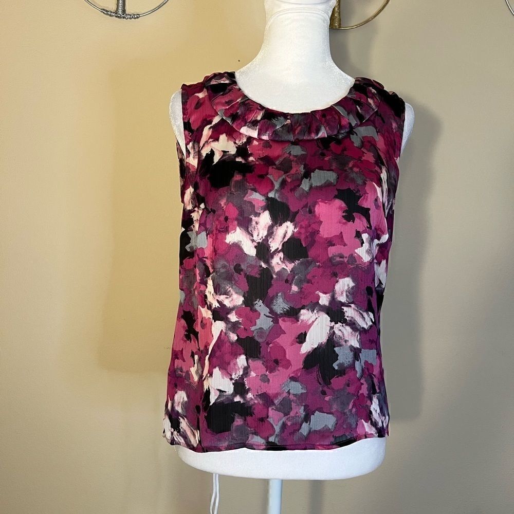 Kasper Semi Sheer Magenta Abstract Floral Watercolor Sleeveless Blouse Petite SM
